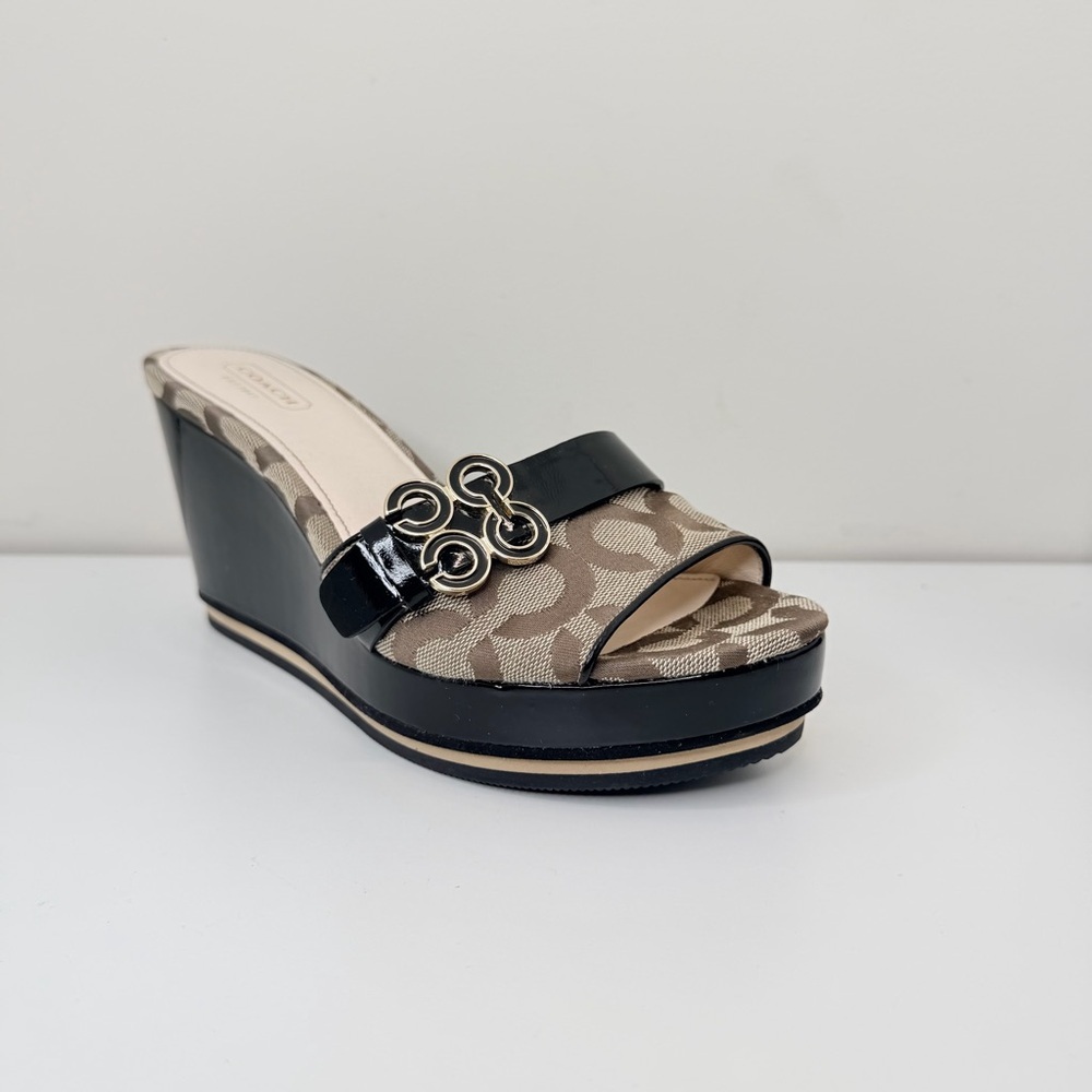 Coach Geri Wedge Sandals Signature Logo Canvas Platform Heels Size 7 - Picture 4 of 13